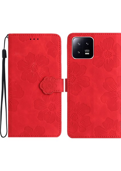 Xiaomi 13 Pro 5g Çiçekler Için Baskalı Stand Kılıfı Deri Cüzdan Şok Geçirmez Telefon Kabuğu-Kırmızı (Yurt Dışından)