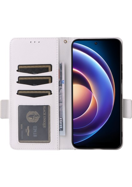 Xiaomi Redmi Için 12 5g/not 12R 5g/poco M6 Pro 5g Katlanabilir Stand Cüzdan Telefon Kabuğu Litchi Doku Pu Deri Cep Telefon Kapağı Kayışlı-Beyaz (Yurt Dışından)