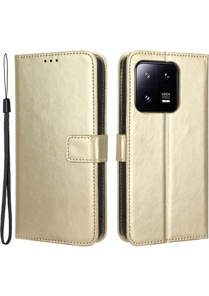 Manyetik Çılgın At Doku Telefon Kılıfı Xiaomi 13 5g Cüzdan Stand Pu Deri Anti-Drop Tam Koruma Cep Telefonu Kapak Kayış-Altın (Yurt Dışından)