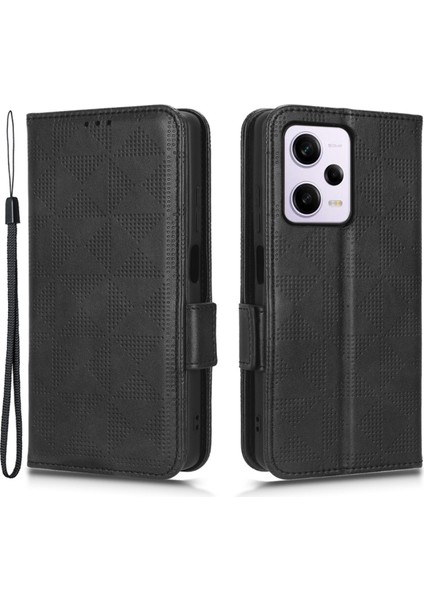 Xiaomi Redmi Için Note 12 Pro+ 5g Tam Koruma Cep Telefonu Kapak Stand Standı Pu Deri Deri Baskılı Üçgen Desen Flip Telefon Kılıfı-Siyah (Yurt Dışından)