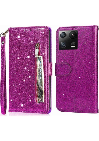Xiaomi Için 13 Glitter Işıltılı Flip Folio Pu Deri Telefon Kasası Fermuarlı Cep Manyetik Cüzdan Standı Kapak-Mor (Yurt Dışından)