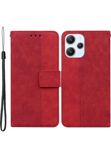 Xiaomi Redmi Için 12 4g Geometri Baskılı Telefon Kılıfı Flip Stand Cüzdan Pu Deri Telefon Kapağı-Kırmızı (Yurt Dışından)