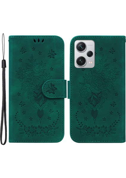 Xiaomi Redmi Için Deri Kılıf Not 12 Pro+ 5g Gül Kelebek Basılı Stand Telefon Cüzdan Kapağı-Yeşil (Yurt Dışından)
