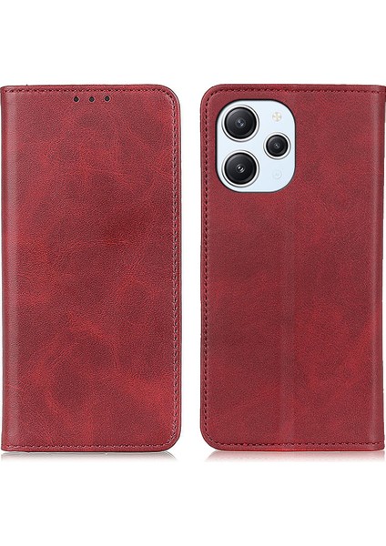 Xiaomi Redmi 12 4g Için Bölünmüş Deri Cüzdan Telefon Kılıfı Telefon Stand Kapağı Çizelge Anti Cowhide Doku Kabuğu-Kırmızı (Yurt Dışından)