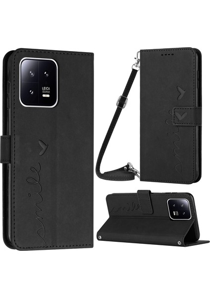 Xiaomi 13 5g Stand Pu Deri Deri Cüzdan Kapağı Baskılı Kalp Şekli Cilt Touch Hissetme Şok Geçirmez Telefon Kılıfı Omuz Kayışı Ile-Siyah (Yurt Dışından)