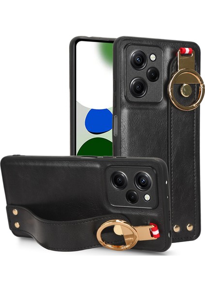 Xiaomi Poco X5 Pro 5g/redmi Için Note 12 Pro Speed ​​5g Bileklik Kickstand Mobil Kılıf Deri Kaplamalı Pc+Tpu Şok Geçirmez Kapak-Siyah (Yurt Dışından)
