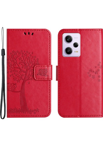 Xiaomi Redmi Için Pu Deri Telefon Kılıfı Not 12 Pro+ 5g Baskılı Baykuş Ağacı Deseni Koruyucu Telefon Stand Cüzdan Kapağı-Kırmızı (Yurt Dışından)