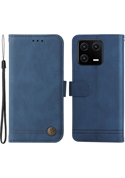 Xiaomi 13 Pro 5g Için Cilt Duygu Hissetme Cep Telefonu Kılıfı Ağaç Desen Metal Düğmesi Baskılı Çizgiler Cüzdan Deri Telefon Kapağı-Mavi (Yurt Dışından)