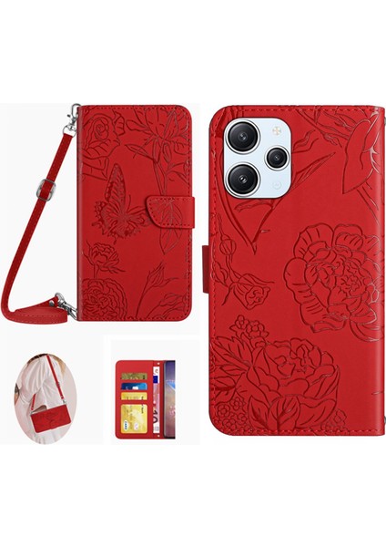 Xiaomi Redmi Için 12 4g Pu Deri Cüzdan Kılıfı Omuz Kayışı ile Baskılı Flip Stand Kapağı-Kırmızı (Yurt Dışından)
