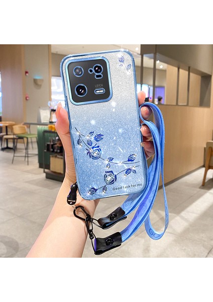 Xiaomi 13 Pro 5g Cep Telefonu Koruyucu Için Kapak Çiçek Tasarımı Rhinestone Glitter Tpu Kılıfı-Mavi (Yurt Dışından)