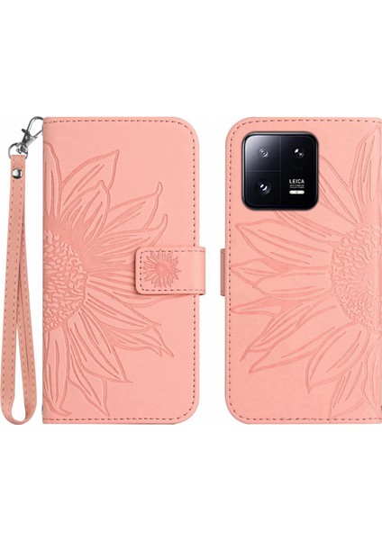 Xiaomi Için Anti-Drop Telefon Kapağı 13 5g HT04 Ayçiçeği Baskılı Cilt Touch Pu Deri Stand Telefon Cüzdan Kılıfı El Strap Ile-Açık Pembe (Yurt Dışından)