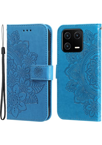 Xiaomi 13 Pro 5g Için Telefon Cüzdan Kapağı Çiçek Baskı Pu Deri Standı Damla Geçirmez Telefon Kılıfı-Mavi (Yurt Dışından)