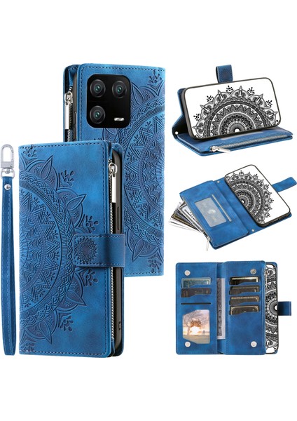 Xiaomi 13 Pro 5g Pu Deri Mandala Çiçek Baskılı Kart Tutucu Manyetik Kapatma Zipper Cep Cüzdan Kılıf Stand Strap Ile-Mavi (Yurt Dışından)
