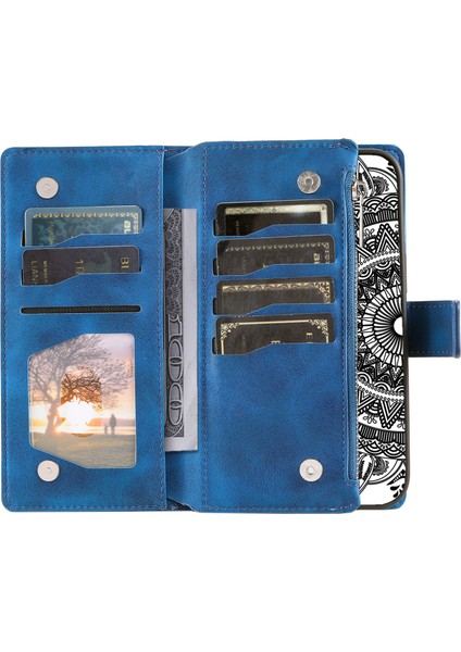 Xiaomi 13 Pro 5g Pu Deri Mandala Çiçek Baskılı Kart Tutucu Manyetik Kapatma Zipper Cep Cüzdan Kılıf Stand Strap Ile-Mavi (Yurt Dışından)