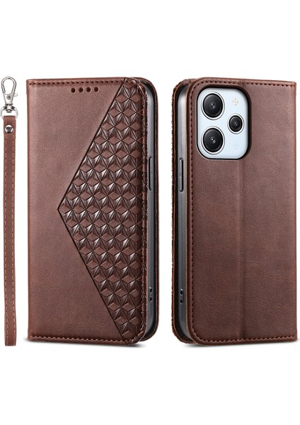 Xiaomi Redmi Için 12 4g Deri Telefon Kılıfı Anti-Fall Baskalı Rhombus Desen Cüzdan Stand Kapağı-Kahverengi (Yurt Dışından)