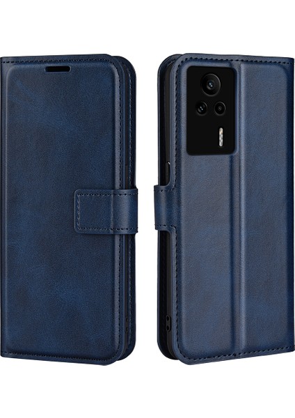 Xiaomi Redmi Için K60E 5g Cep Telefonu Kılıf Çantası Buzağı Doku Standı Cüzdan Cep Telefonu Kapağı-Mavi (Yurt Dışından)