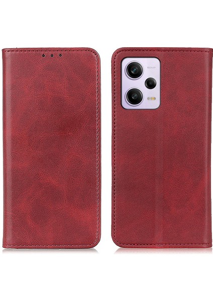 Xiaomi Redmi Için Note 12 Pro+ 5g Cowhide Doku Bölünmüş Deri Kılıf Manyetik Otomatik Kapanış Stand Cüzdanı ile Çizgiye Karşı Çizelge Anti Telefon Kapağı-Kırmızı (Yurt Dışından)