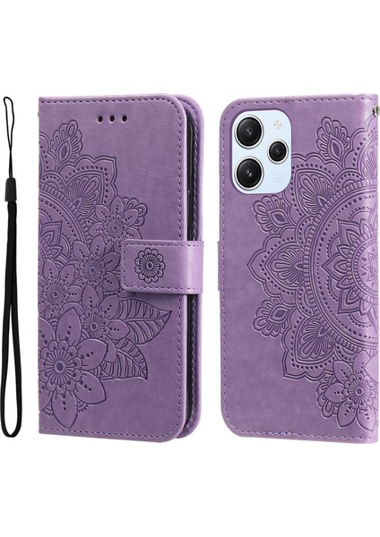 Xiaomi Redmi Için 12 4g Baskılı Çiçek Pu Deri Kapak Telefon Kılıf Cep Telefon Kabuğu Stand Cüzdanı-Mor (Yurt Dışından)
