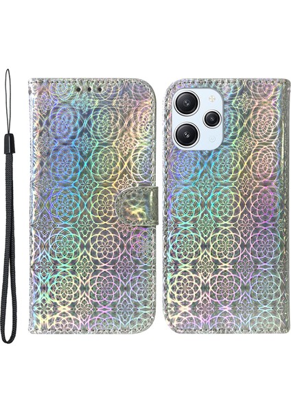 Xiaomi Redmi Için 12 4g Göz Kamaştırıcı Çiçek Desen Telefon Kasası Pu Deri Cüzdan Standı Kapağı-Gri (Yurt Dışından)