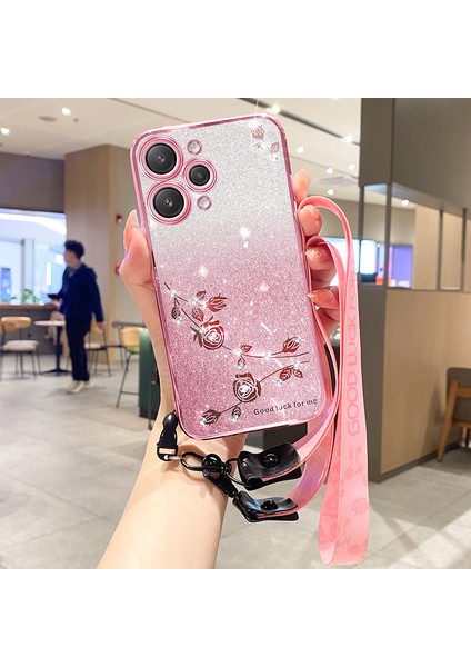 Xiaomi Redmi Için 12 5g/not 12R 5g/poco M6 Pro 5g Esnek Tpu Kapak Glitter Rhinestone Dekor Çiçek Tasarım Telefon Kılıfı-Gül Altın (Yurt Dışından)