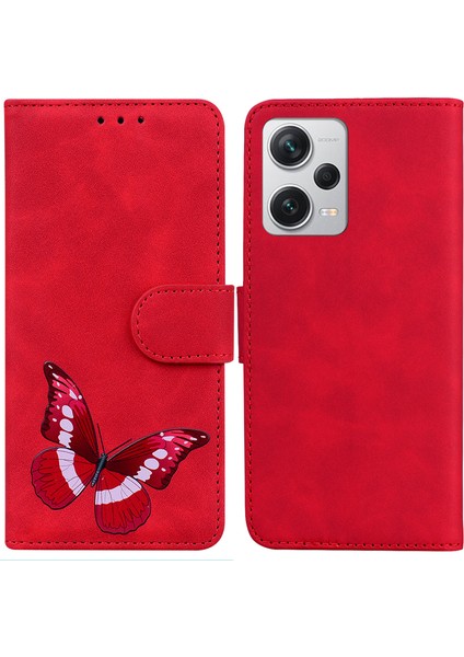 Xiaomi Redmi Için Note 12 Pro+ 5g Deri Telefon Kılıf Cüzdan Stand Butterfly Desen Baskı Kapağı-Kırmızı (Yurt Dışından)