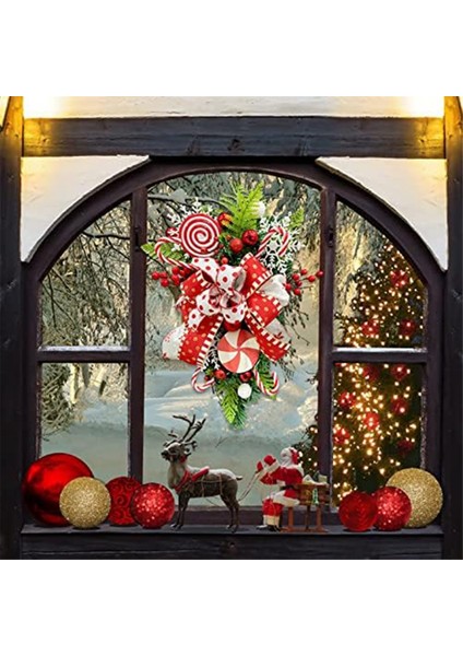 Şeker Yay ve Kırmızı Meyveler ile Noel Gözyaşı Çiçek, Asılı Noel Gözyaşı Çelenk Yapay Gözyaşı Kapı (Yurt Dışından)
