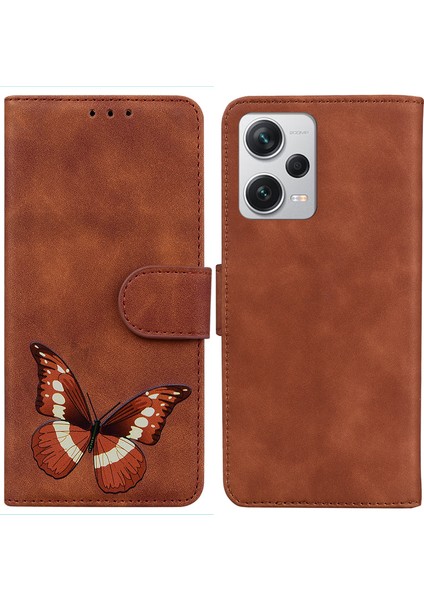 Xiaomi Redmi Için Note 12 Pro+ 5g Deri Telefon Kılıf Cüzdan Stand Butterfly Desen Baskı Kapağı-Kahverengi (Yurt Dışından)