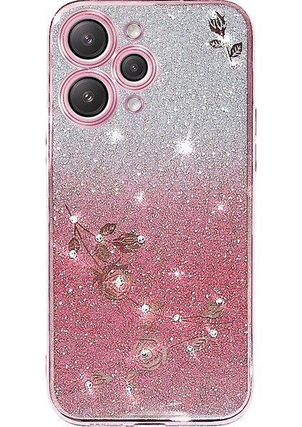 Xiaomi Redmi 12 5g/not 12R 5g/poco M6 Pro 5g Glitter Gritent Akıllı Telefon Kılıfı Rhinestone Çiçek Tpu Anti-Fall Anti-Gover-Gül (Yurt Dışından)