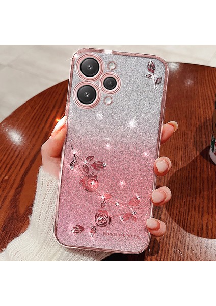 Xiaomi Redmi 12 5g/not 12R 5g/poco M6 Pro 5g Glitter Gritent Akıllı Telefon Kılıfı Rhinestone Çiçek Tpu Anti-Fall Anti-Gover-Gül (Yurt Dışından)