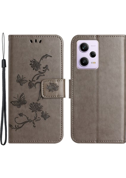 Xiaomi Redmi Için Şok Geçirmez Telefon Kılıfı Note 12 Pro+ 5g Baskılı Kelebek Çiçek Deseni ve Stand Cüzdanlı Pu Deri Telefon Kapağı-Gri (Yurt Dışından)