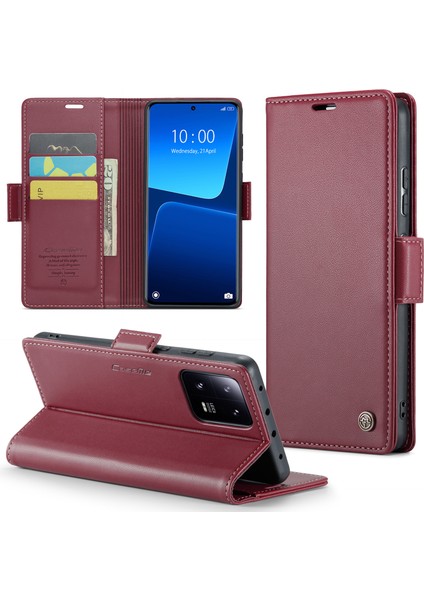 Xiaomi 13 Pro 5g Pu Deri Flip Cover Rfıd Engelleme Cüzdan Telefon Kılıfı-Kırmızı (Yurt Dışından)