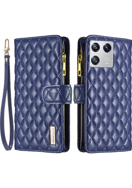 Xiaomi Için 13 Baskılı Rhombus Desen Fermuar Cep Kılıfı Pu Deri Cüzdan Stand Telefon Kapağı Kayış-Mavi (Yurt Dışından)