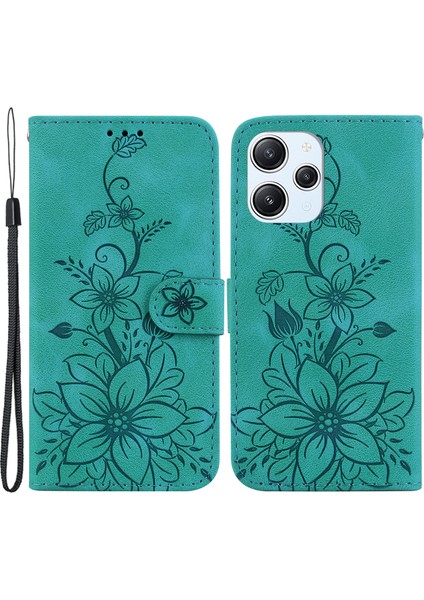 Xiaomi Redmi Için 12 4g Baskılı Zambak Çiçek Telefon Kılıfı Pu Deri Stand Telefon Cüzdan Kapağı-Yeşil (Yurt Dışından)
