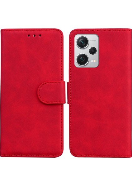 Xiaomi Redmi Için Note 12 Pro+ 5g Pu Deri Kapak Düz Renk Cüzdan Stand Koruyucu Telefon Kılıfı-Kırmızı (Yurt Dışından)