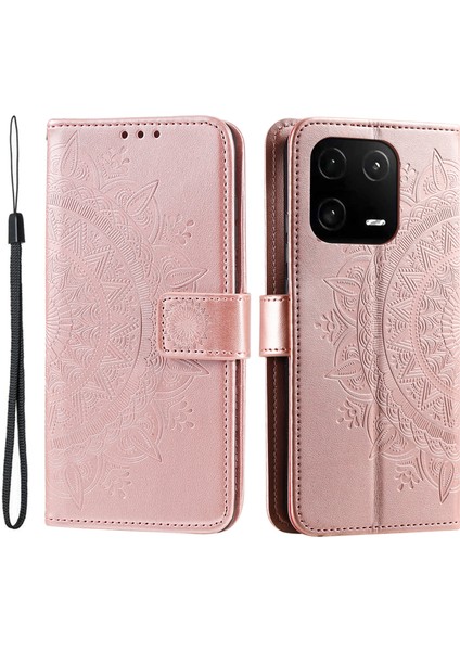 Xiaomi 13 Pro 5g Için Baskı Mandala Çiçek Telefon Kılıfı Anti-Drop Cüzdan Stand Kapağı Kayış-Gül Altın (Yurt Dışından)
