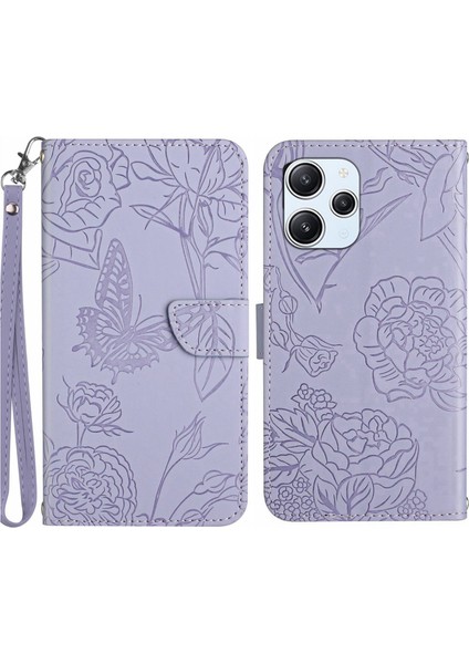 HT03 Cüzdan Stand Telefon Kapağı Xiaomi Redmi 12 4g Baskılı Pu Deri Telefon Kılıfı Bilek Kayışı-Mor-Mor (Yurt Dışından)