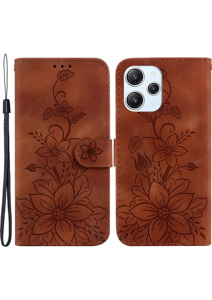 Xiaomi Redmi Için 12 4g Baskılı Zambak Çiçek Telefon Kılıfı Pu Deri Stand Telefon Cüzdan Kapağı-Kahverengi (Yurt Dışından)