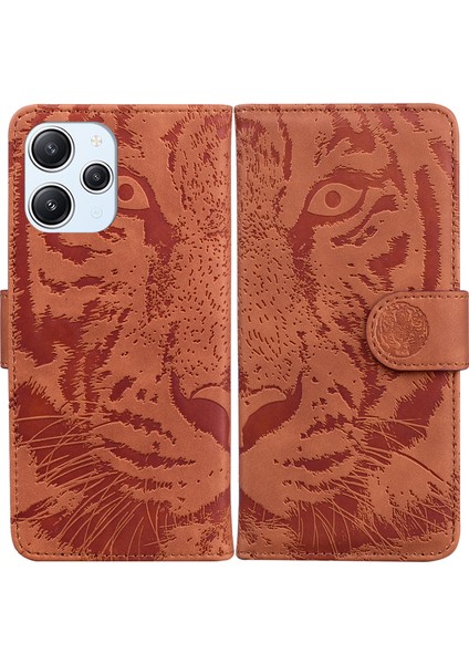 Xiaomi Redmi 12 4g Için Basılı Tiger Pu Deri Cüzdan Kapağı Anti-Drop Telefon Stand Kılıfı-Kahverengi (Yurt Dışından)