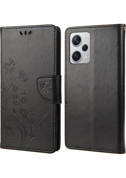 Xiaomi Redmi Için Note 12 Pro+ 5g Stand Telefon Kılıfı Pu Deri Çiçek Kelebek Basılı Cüzdan Kapağı-Siyah (Yurt Dışından)