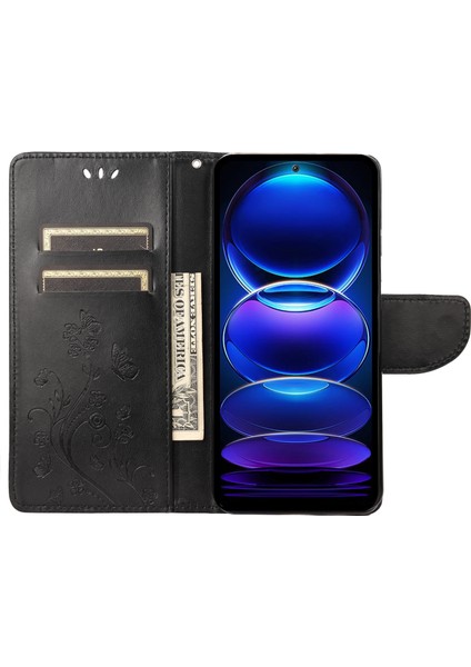 Xiaomi Redmi Için Note 12 Pro+ 5g Stand Telefon Kılıfı Pu Deri Çiçek Kelebek Basılı Cüzdan Kapağı-Siyah (Yurt Dışından)