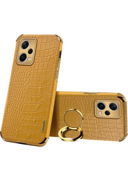Xiaomi Redmi Için Note 12 Pro+ 5g Deri Kaplamalı Tpu Kılıf Timsah Doku Elektrokaplanmış Telefon Kapağı Ring Kickstand-Sarı (Yurt Dışından)