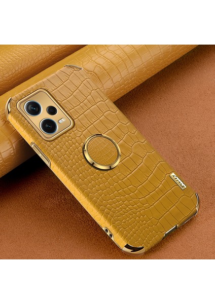 Xiaomi Redmi Için Note 12 Pro+ 5g Deri Kaplamalı Tpu Kılıf Timsah Doku Elektrokaplanmış Telefon Kapağı Ring Kickstand-Sarı (Yurt Dışından)
