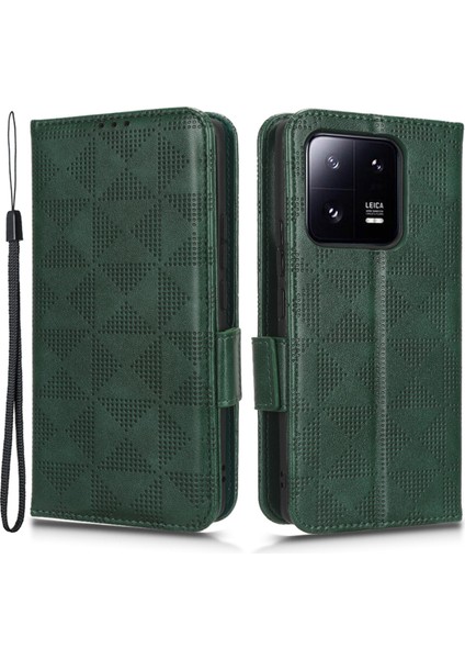 Xiaomi 13 Pro 5g Için Koruyucu Telefon Kapağı Baskılı Üçgen Desen Pu Deri Deri Anti-Fall Flip Cüzdan Kılıfı El Kayışı ile Stand-Yeşil (Yurt Dışından)