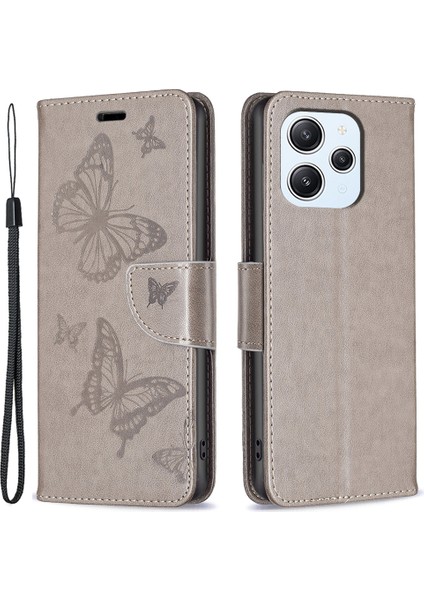 Xiaomi Redmi Için 12 4g Anti-Dest Stand Cüzdan Telefon Kılıf Kelebek Kelebek Baskılı Deri Kapak-Gri (Yurt Dışından)