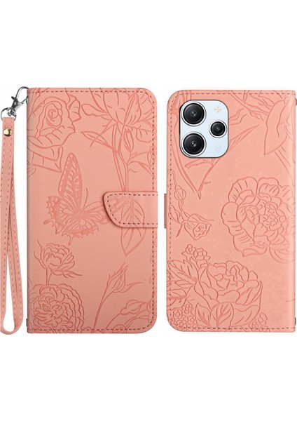 HT03 Cüzdan Stand Telefon Kapağı Xiaomi Redmi 12 4g Basılı Pu Deri Telefon Kılıfı Bilek Kayışı Ile-Pembe (Yurt Dışından)