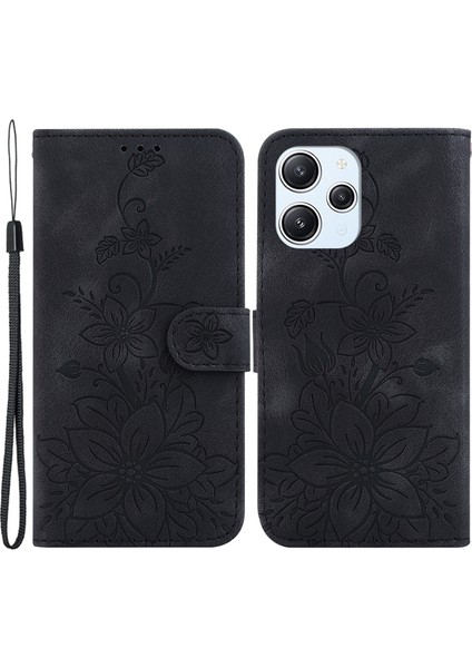 Xiaomi Redmi Için 12 4g Baskılı Zambak Çiçek Telefon Kılıfı Pu Deri Stand Telefon Cüzdan Kapağı-Siyah (Yurt Dışından)