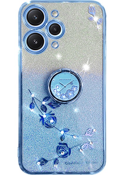Xiaomi Redmi Için 12 5g/not 12R 5g/poco M6 Pro 5g Cep Telefonu Kılıfı ile Ring Standstand Glitter Çiçek Deseni Tpu Kapak-Mavi (Yurt Dışından)