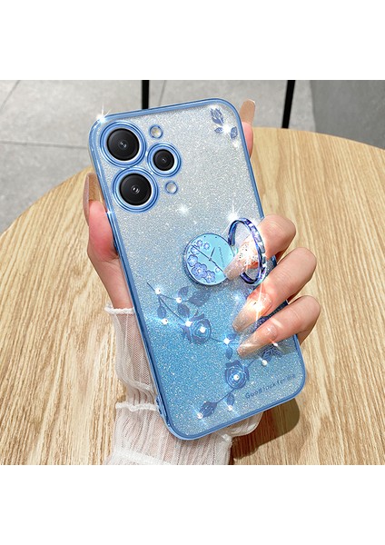 Xiaomi Redmi Için 12 5g/not 12R 5g/poco M6 Pro 5g Cep Telefonu Kılıfı ile Ring Standstand Glitter Çiçek Deseni Tpu Kapak-Mavi (Yurt Dışından) fiyatları