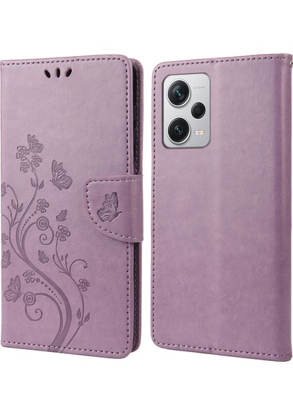 Xiaomi Redmi Için Note 12 Pro+ 5g Stand Telefon Kılıfı Pu Deri Deri Çiçek Kelebek Basılı Cüzdan Kapağı-Light Purple (Yurt Dışından)