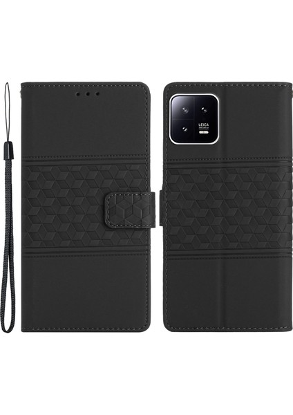 Xiaomi 13 Pro 5g Için Stand Telefon Kılıfı Pu Deri Cüzdan Baskılı Rhombus Telefon Kapağı-Siyah (Yurt Dışından)